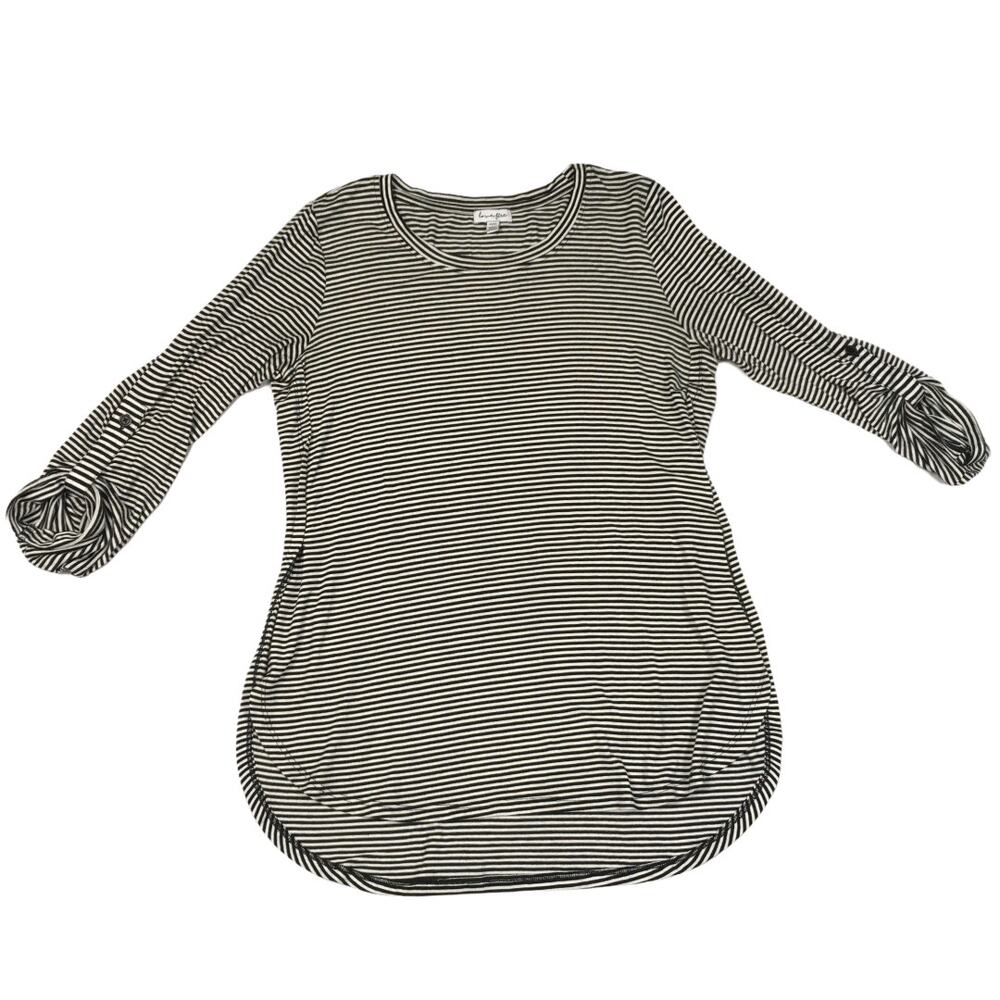 Love Fire Striped Tunic Top Tab Sleeve Black White Womens M Casual Shirt Neutral
